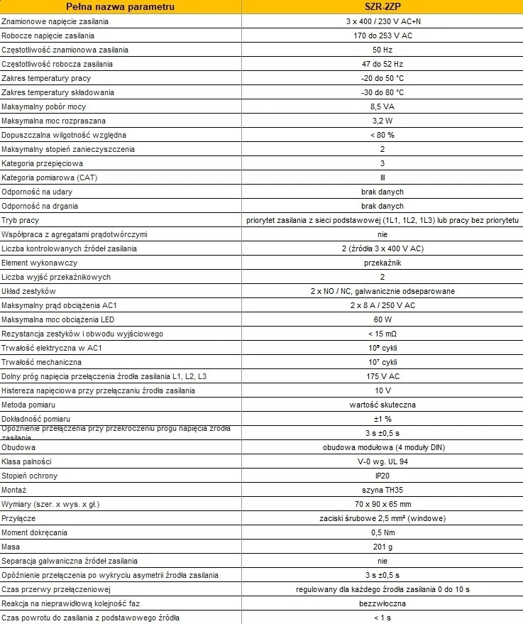 Pollin Tinklo perjungimo įrenginio (SZR) valdiklis, 3P, kontaktai 2P, perjungimo pertraukos laiko reguliavimas 0,1–10 s, nustatomas pagrindinio tinklo prioritetas SZR-2Z