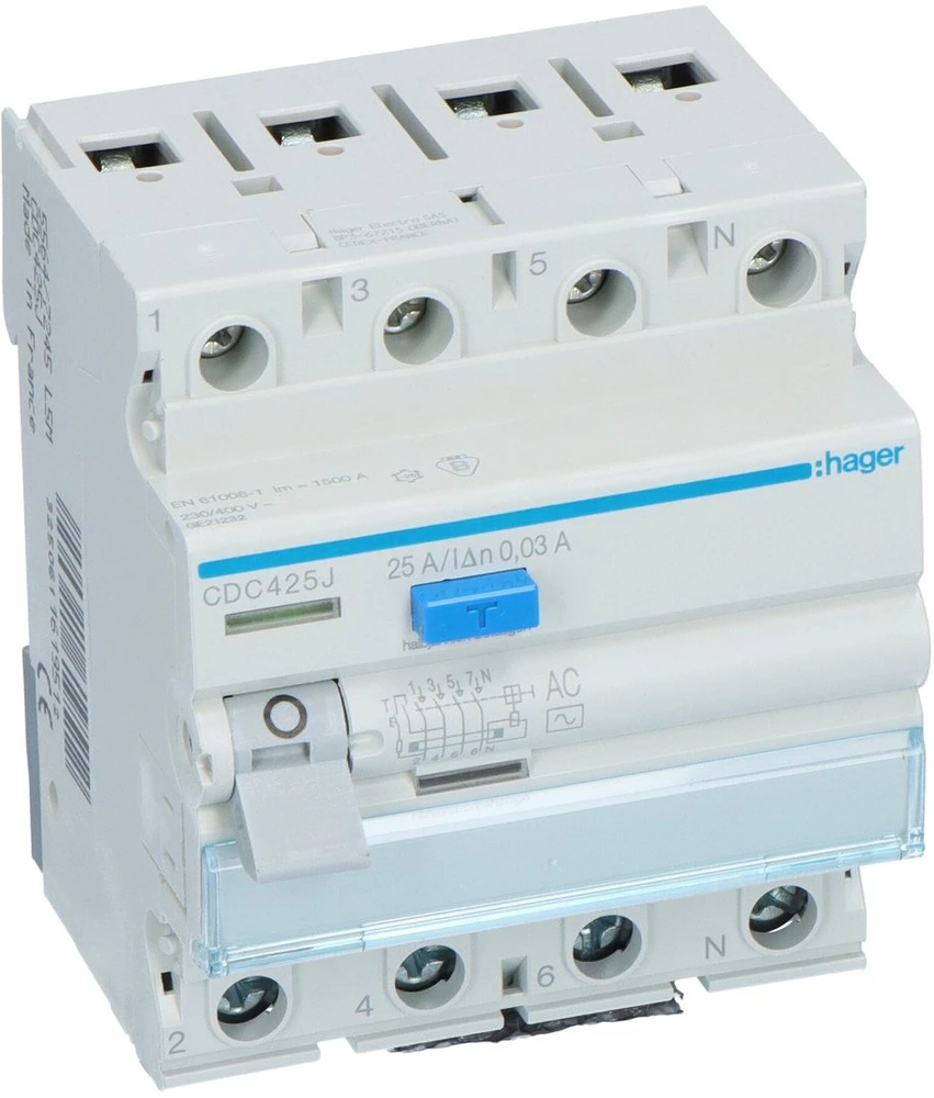 Srovės nuotekio relė Hager CD426J (AC, 25A, 4P, 30mA, 230V)