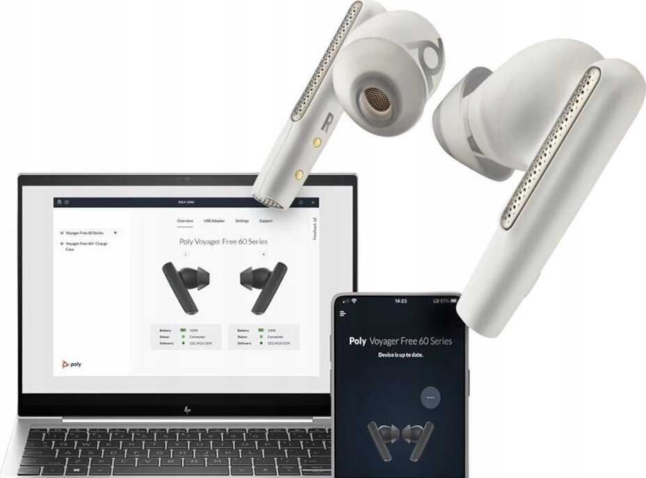 Hewlett Packard (HP) „Poly Voyager Free 60+“ „Bluetooth“ ausinės, BT700 USB-A adapteris, lietimui jautrus įkrovimo dėklas, baltos
