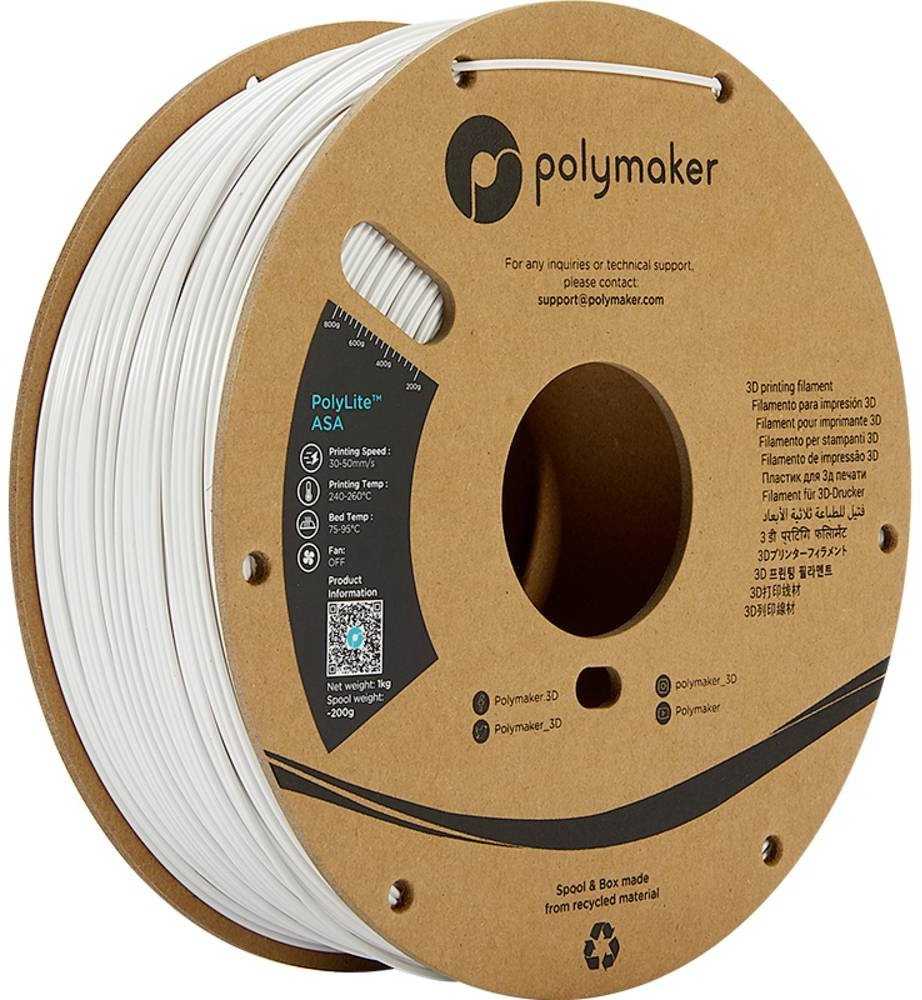 Poly Polymaker PF01011 PolyLite Filament ASA atsparus UV spinduliams, atsparus atmosferos poveikiui, atsparus karščiui 2,85 mm 1000 g balta 1 vnt.