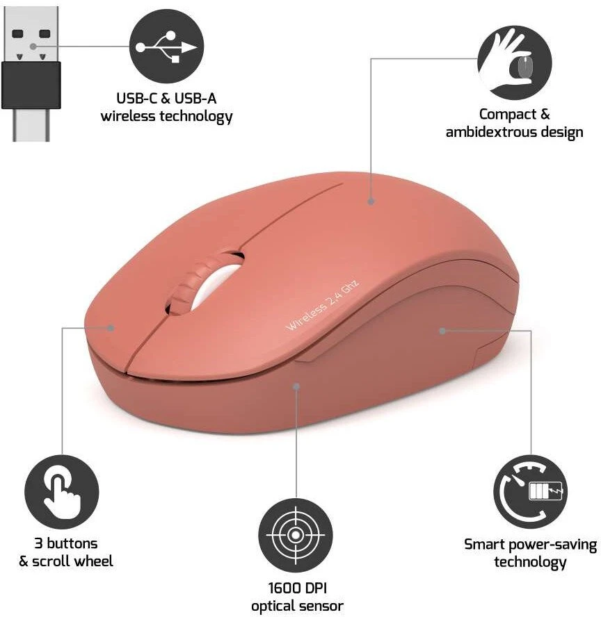 Pelė „Port Designs PORT CONNECT“ laidas COLLECTION, USB-A ir USB-C adapteris, 2.4Ghz, 1600DPI, Terracota