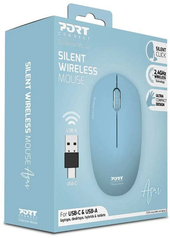 Pelė „Port Designs PORT CONNECT“ laidas COLLECTION, USB-A ir USB-C adapteris, 2.4Ghz, 1600DPI, Azur