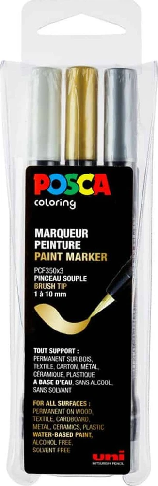 Posca komplektas markerów pędzelkowych PCF-350 trzy kolory auksinė sidabrinė i balta