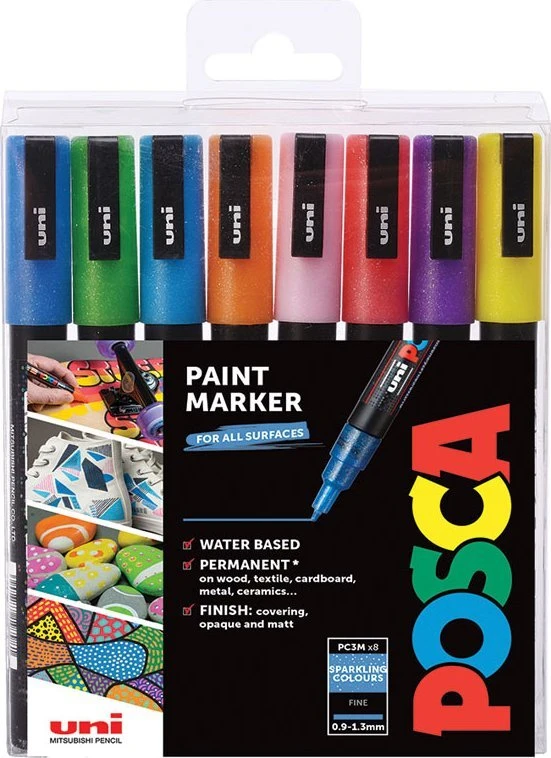 Posca - PC3M - Ploni rašikliai - Blizgančios spalvos, 8 vnt.