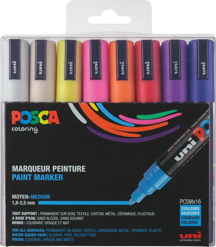 Uni Posca - PC3M - Rašiklis su plonu antgaliu - švelnios spalvos, 8 vnt