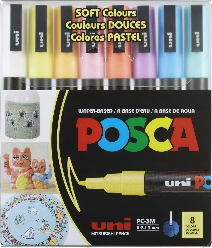 Uni Posca - PC3M - Rašiklis su plonu antgaliu - švelnios spalvos, 8 vnt