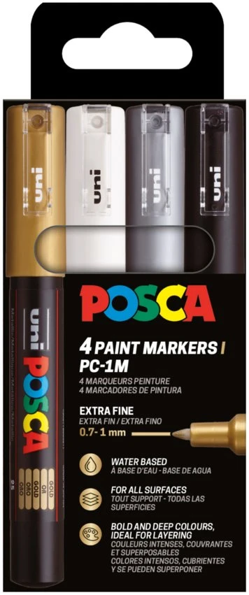 Posca POSCA PC-1M komplektas 4 vnt. (juoda, balta, auksinė, sidabrinė)