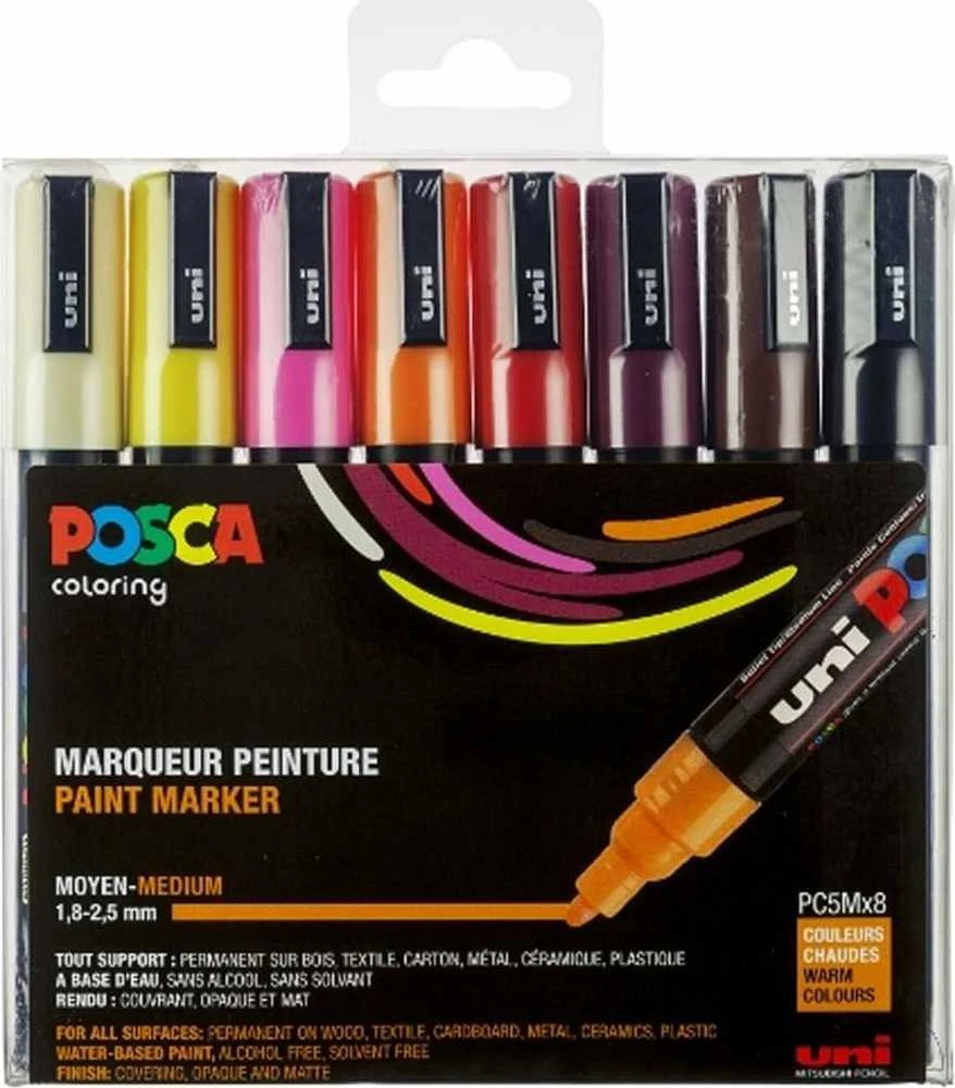 Posca - PC5M - Vidutinio galiuko rašikliai - Šiltos spalvos, 8 vnt.