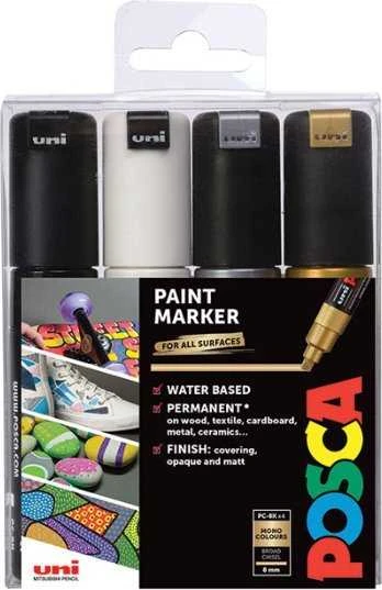 Posca Posca - PC8K - Broad Tip Pen - Gold, Sidabrinis, Juodas and Baltas, 4 pc