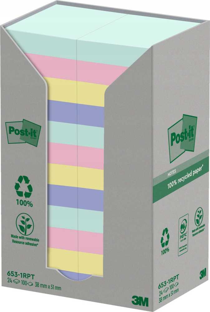 Post-It 3M Ekologiški Post-it® lipnūs lapeliai, NATURE, pastelė, 38x51mm, 24x100 kortelės.