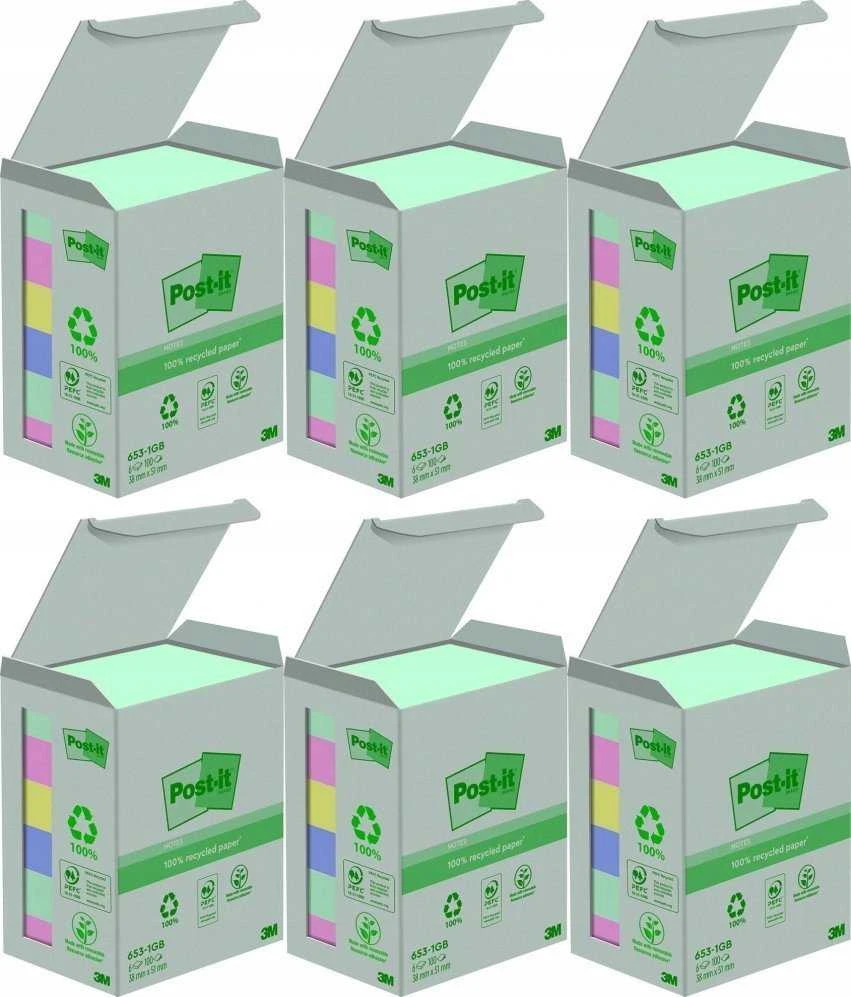 Lipnūs lapeliai 3M Post-it® Recycling Assorted 38mmx51mm 6vnt. po 100 lapelių