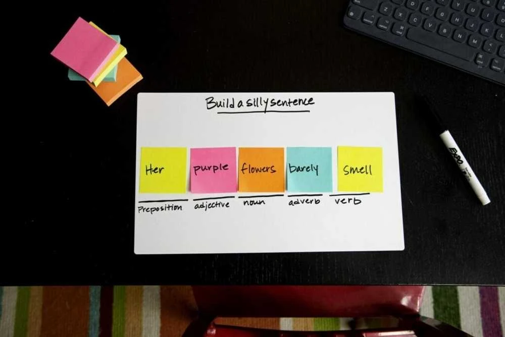 Spalvoti Post-it lapeliai su užrašytais sakiniais