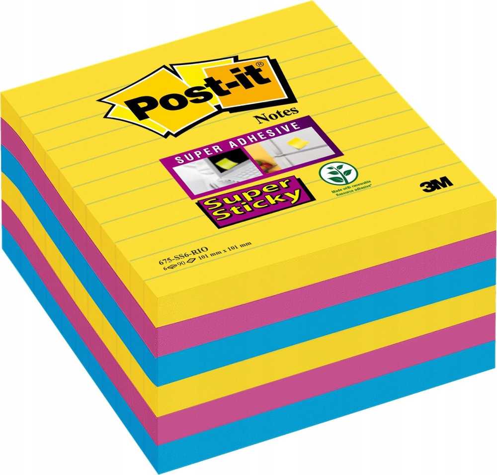 Post-It 3M Post-it® Super Sticky XL, CARNIVAL, su pamušalu, 101x101mm, 6x90 kortelės.