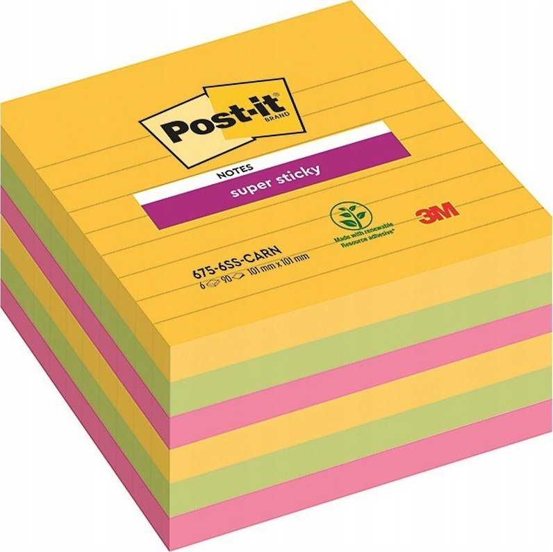 Post-It 3M Post-it® Super Sticky XL, CARNIVAL, su pamušalu, 101x101mm, 6x90 kortelės.
