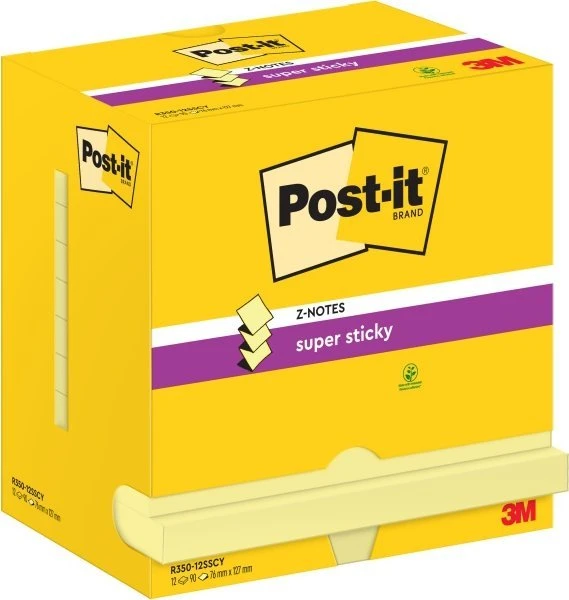 „Post-It 3M POST-IT Super Sticky Z-Notes“ dėklui, 76 x 127 mm, 12 x 90 kortelės, geltona