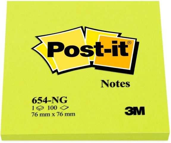 3M Lipnūs lapeliai Post-it Neon, 76 x 76 mm, 100 lapelių, žalia