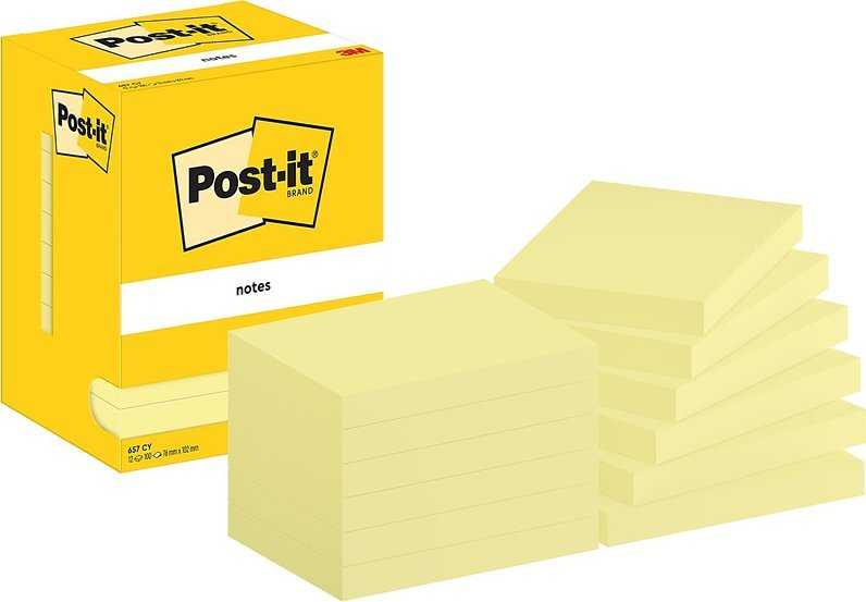 Lipnūs lapeliai „Post-it“ ® (657), 102 x 76 mm, 12 x 100 lapų, geltoni (3M-7100290168)