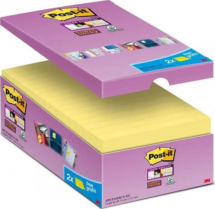 Post-it Super Sticky lapelių pakuotė su atidarytu dangteliu
