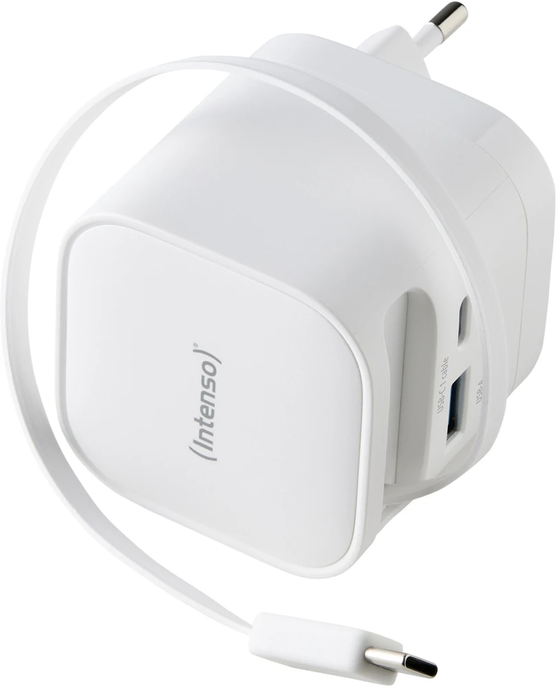 Baltas Intenso sieninis įkroviklis su integruotu USB-C laidu