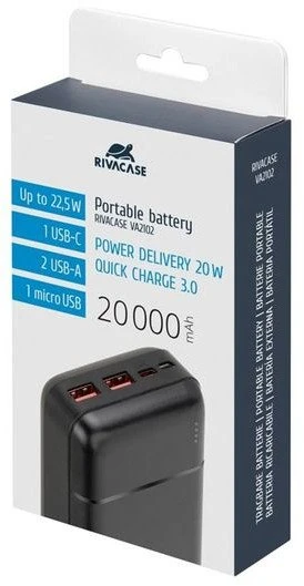 RIVACASE Power Bank 20000 mAh QC/PD 22.5W Juodas