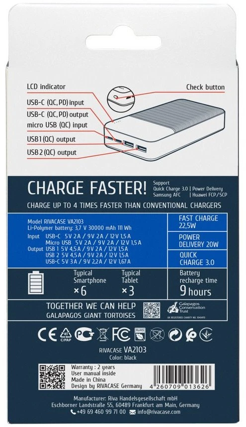 Powerbank RivaCase VA2103 30000 mAh Juodas
