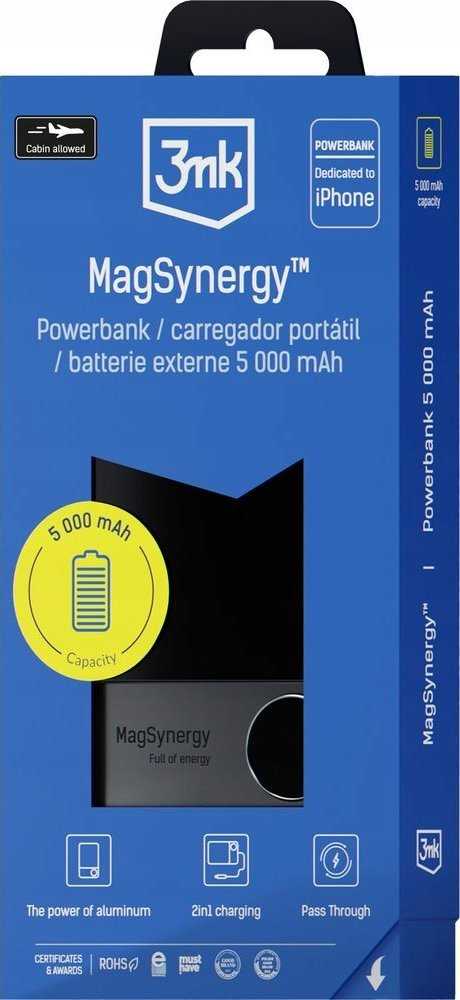 Powerbank 3mk MagSynergy su MagSafe 5000mAh 18W - juodos spalvos