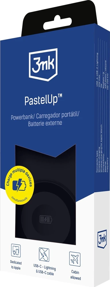 3MK „PastelUp“ išorinė baterija, 10 000 mAh, 22,5 W, su „Magsafe“ ir įkrovimu, Apple Watch, juodos spalvos