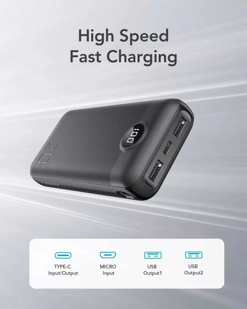 Išorinė baterija POWER BANK VEGER (L20S) 20000mAh (2xUSB; 1xType-C; QC3.0 20W) juoda