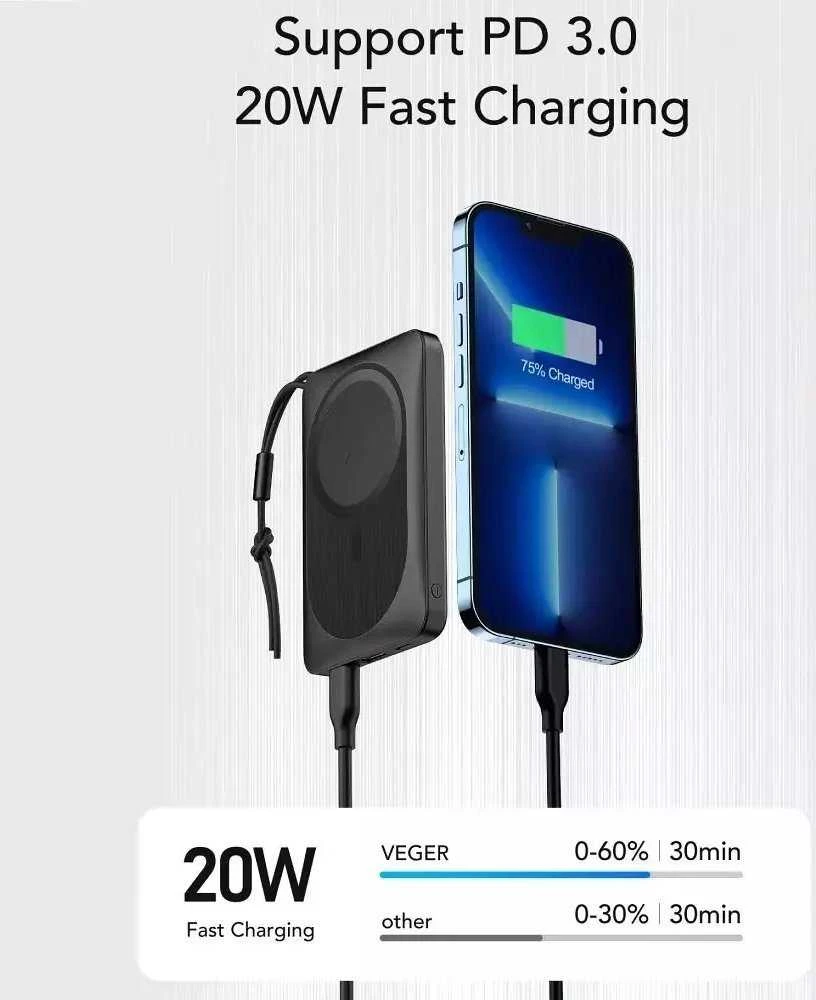 Išorinė baterija POWER BANK VEGER (VP1151) 10000mAh su belaidžiu įkrovikliu (Magsafe 15W) balta