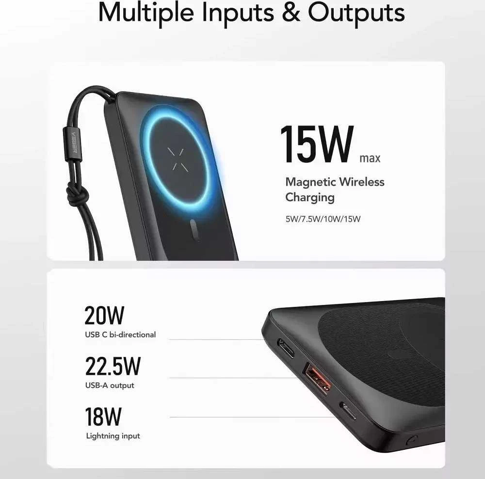 Išorinė baterija POWER BANK VEGER (VP1151) 10000mAh su belaidžiu įkrovikliu (Magsafe 15W) balta