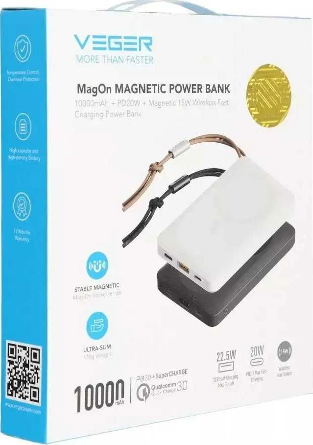 Išorinė baterija POWER BANK VEGER (VP1151) 10000mAh su belaidžiu įkrovikliu (Magsafe 15W) balta