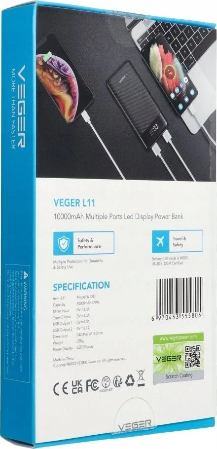 Powerbank Veger L11 (W1087) 10000 mAh juodas