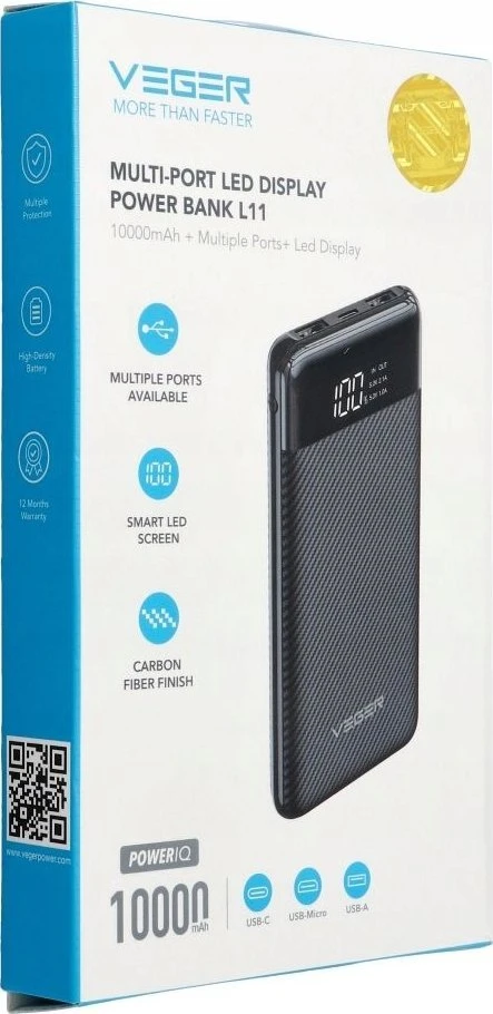 Powerbank Veger L11 (W1087) 10000 mAh juodas
