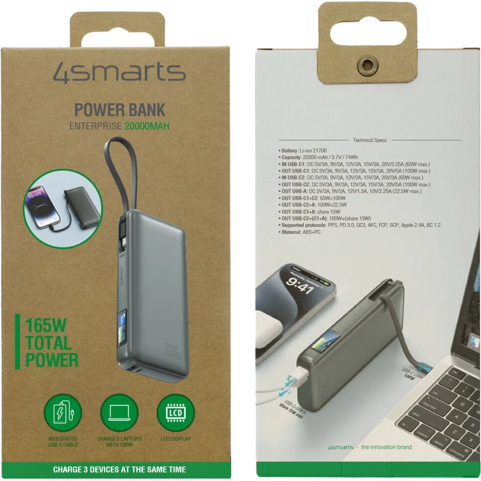 „4smarts Enterprise“ 20000 mAh 165 W su integruotu USB-C laidu