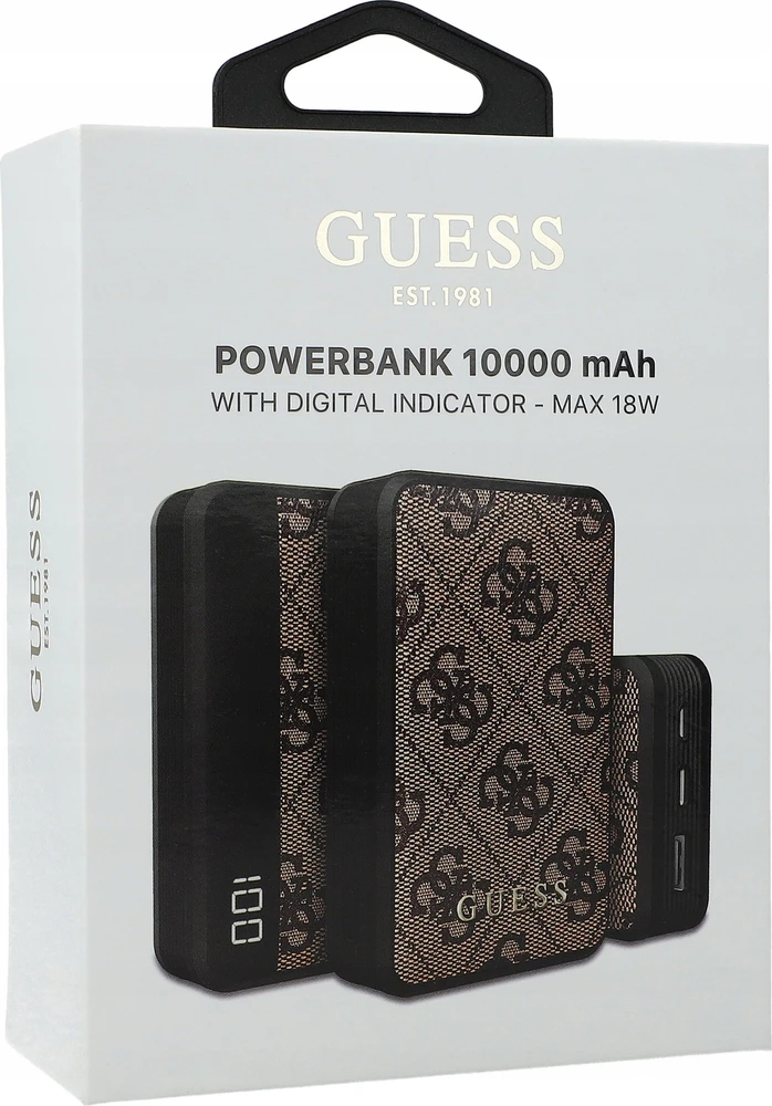 „Guess“ nešiojamoji baterija 18W GUPB10DP4GEGW 10000mAh rudos spalvos 4G odinis metalinis logotipas