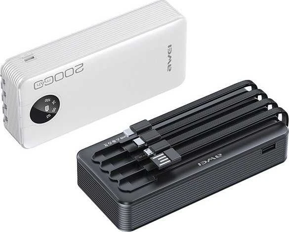 AWEI PowerBank P134K 20000mAh juodos spalvos ekranas + USB/PD/Lightning/MicroUSB laidai