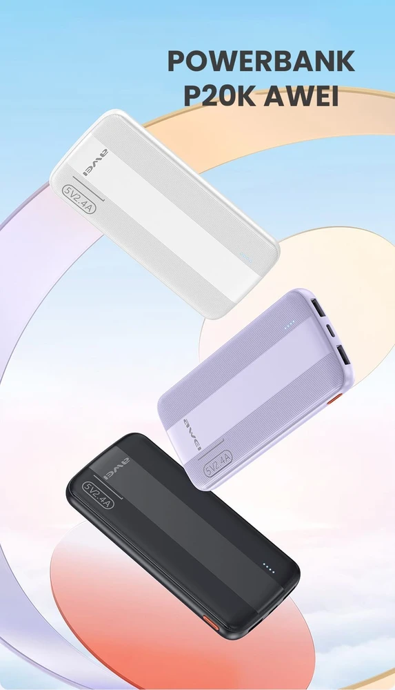 Išorinė baterija Power Bank Awei P20K 5V/2.4A 10000mAh juoda