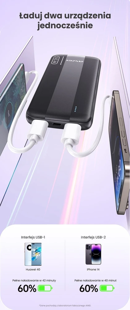 Išorinė baterija Power Bank Awei P20K 5V/2.4A 10000mAh juoda