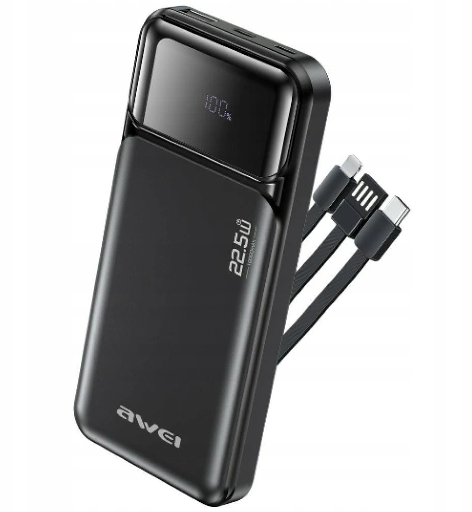 Powerbank Awei PA-91 10000mAh 22,5W PD 2xUSB-C + kabelis juodos spalvos