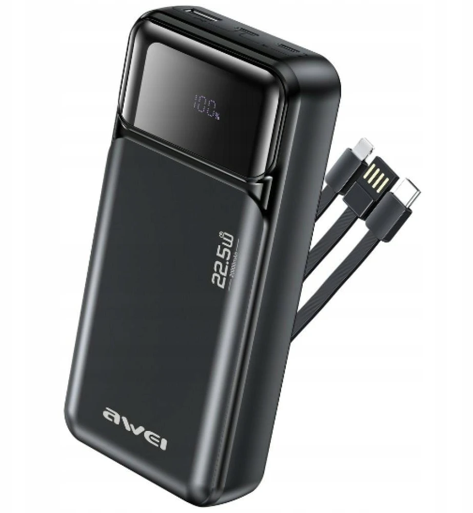 Powerbank Awei PA-93 20000mAh 22,5W PD 2xUSB-C + kabelis juodos spalvos