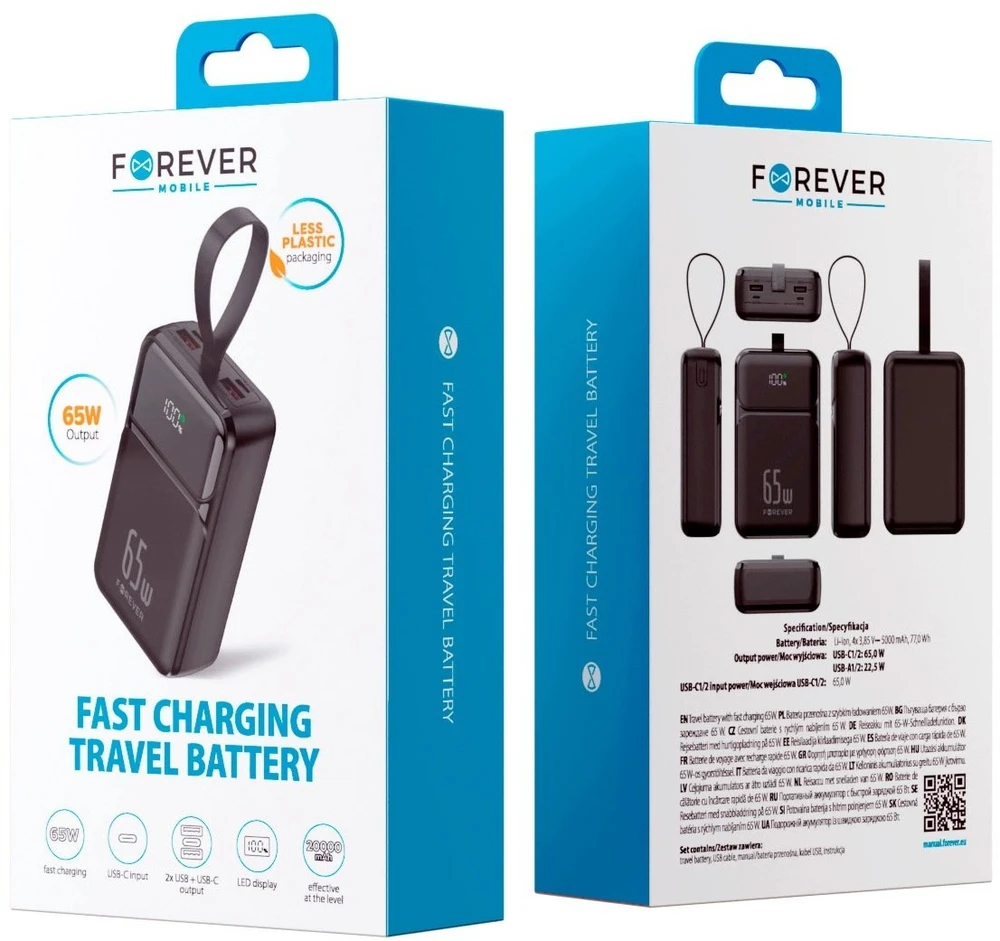 Forever išorinė baterija TB-400 PD QC 65W 20000 mAh juoda