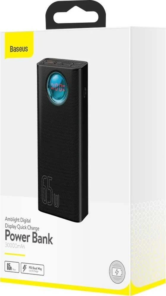 LiPo išorinis akumuliatorius (Powerbank) 30000mAh 65W su PD3.0 QC3.0 4xUSB + USB C Amblight juodas BASEUS