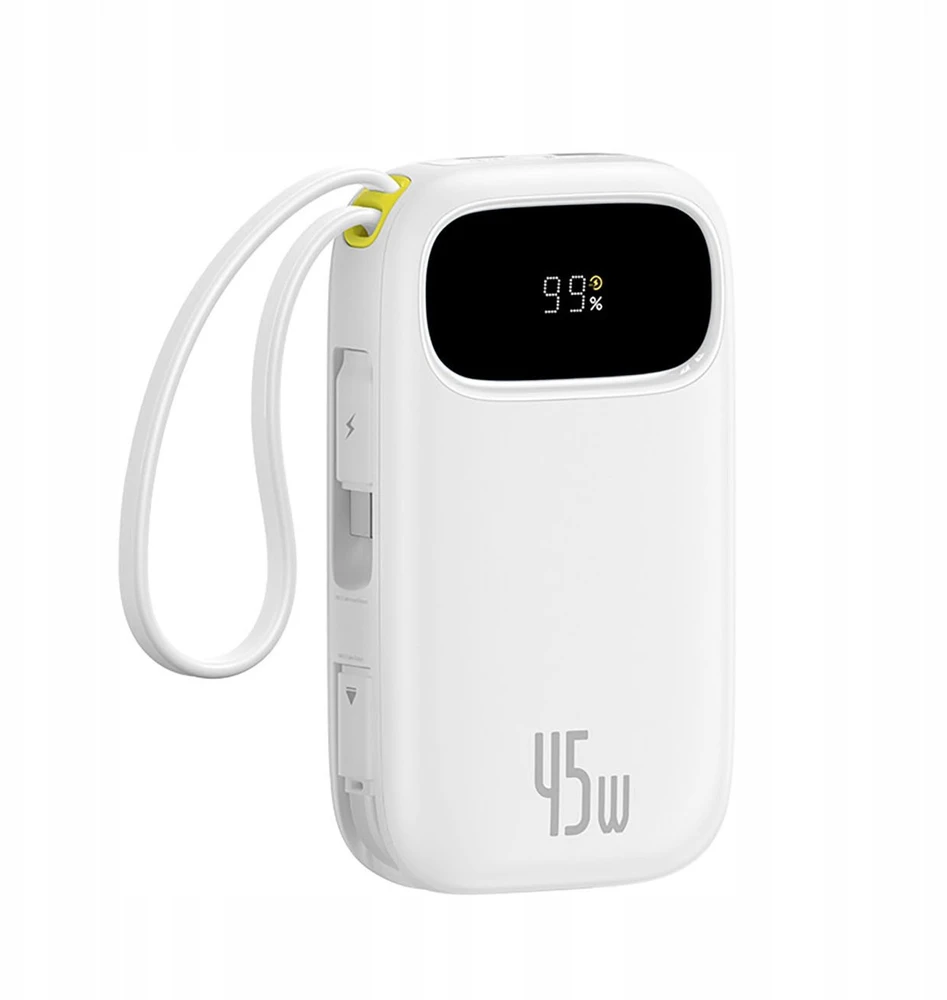 Baseus „EnerFill FC31“ 20000mAh 45W išorinė baterija su skaitmeniniu ekranu ir 2 integruotais laidais (USB-C + „Lightning“) – balta
