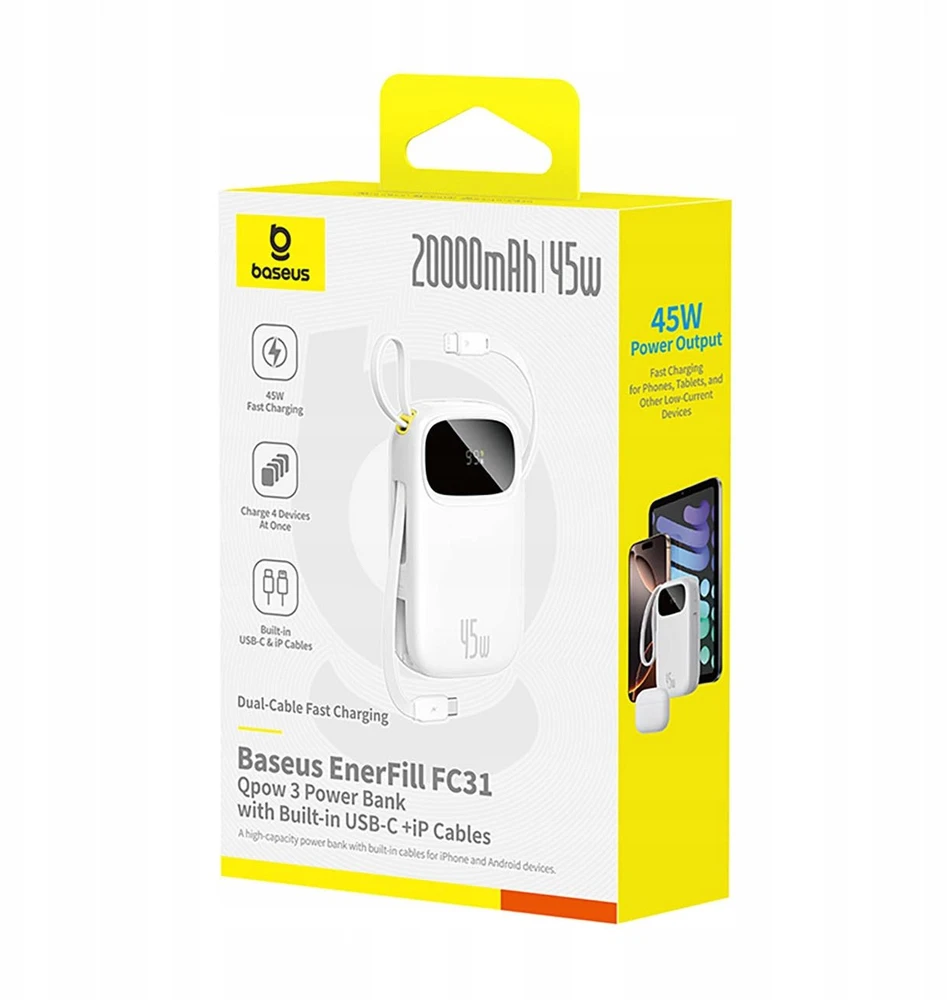 Baseus „EnerFill FC31“ 20000mAh 45W išorinė baterija su skaitmeniniu ekranu ir 2 integruotais laidais (USB-C + „Lightning“) – balta