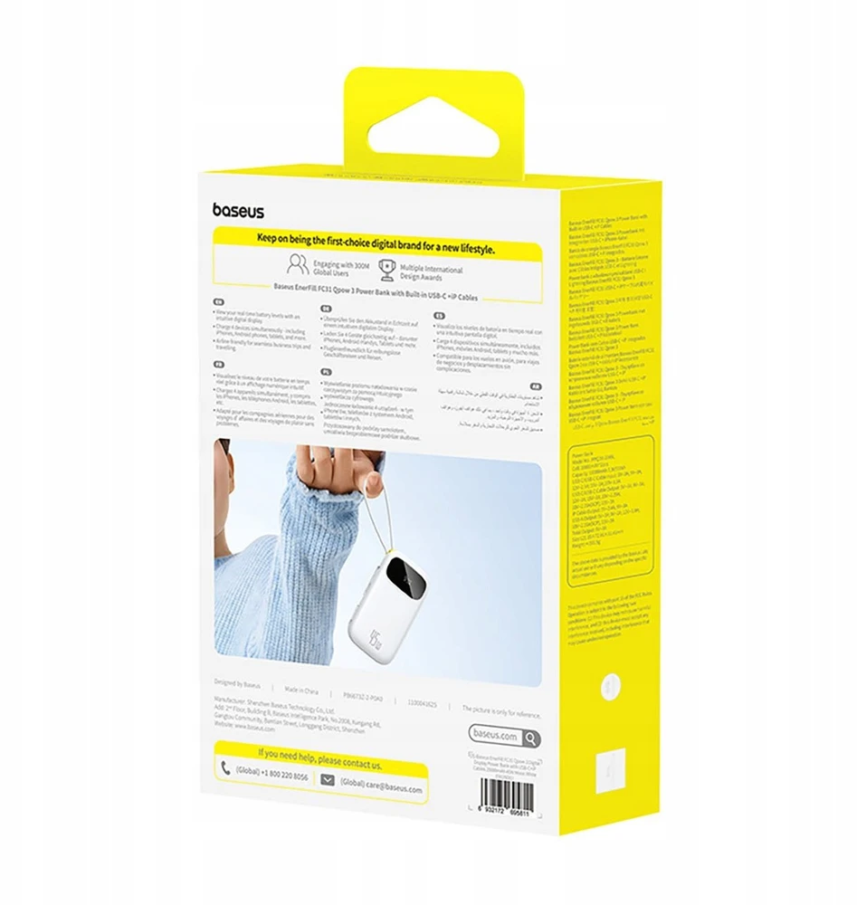 Baseus „EnerFill FC31“ 20000mAh 45W išorinė baterija su skaitmeniniu ekranu ir 2 integruotais laidais (USB-C + „Lightning“) – balta