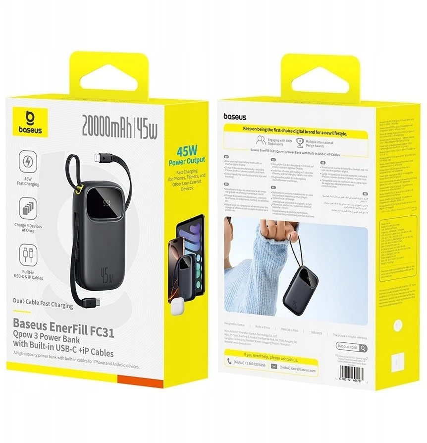 Baseus EnerFill FC31 20000mAh 45W išorinė baterija su ekranu, USB-C ir „Lightning“ laidais - Juodas
