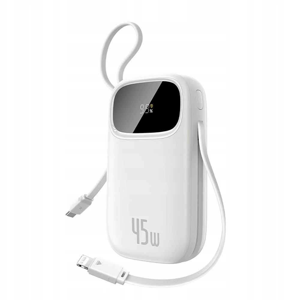 Baseus „EnerFill FC31“ 20000mAh 45W išorinė baterija su skaitmeniniu ekranu ir 2 integruotais laidais (USB-C + „Lightning“) – balta