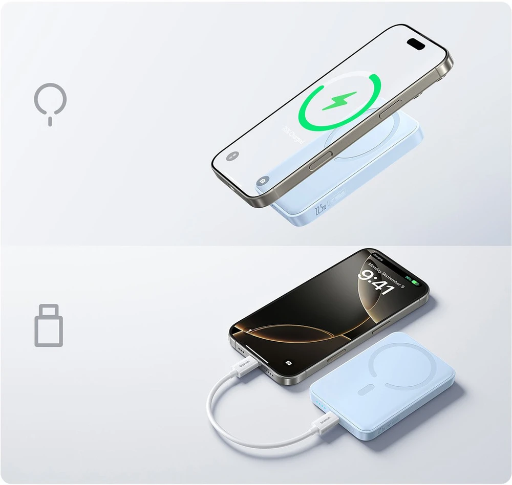 „Baseus“ indukcinė išorinė baterija 10000mAh 22,5W „MagSafe“ su USB-C laidu 20V/3A 0,3m - mėlyna