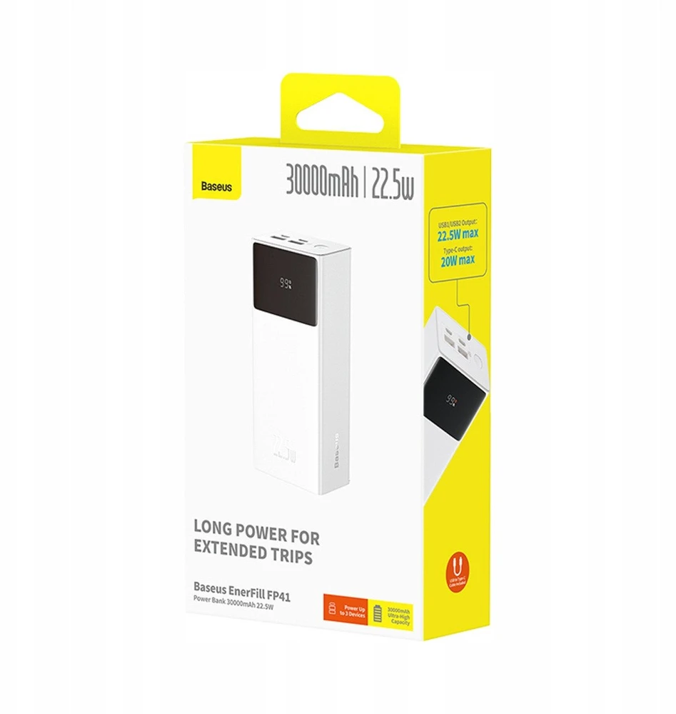 Baseus EnerFill FP41 30000mAh 22.5W Powerbank su Baseus Simple USB-A – USB-C 3A 30cm Kabelis – baltos spalvos