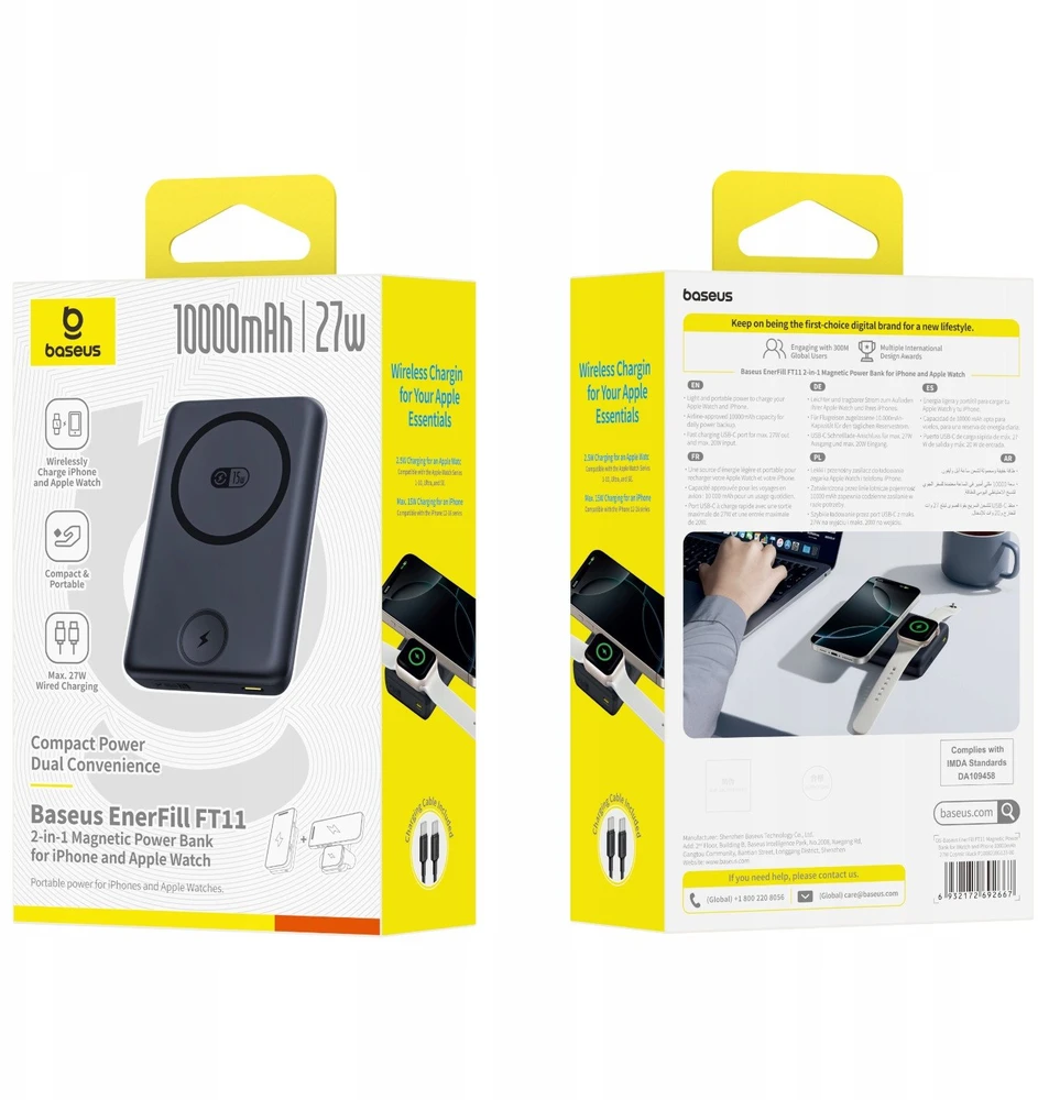 Powerbank Baseus EnerFill FT11 10000mAh 27W suderinamas su MagSafe, skirtas Apple Watch ir išmaniems telefonams USB-C 20V/3A 30 cm - juodos spalvos